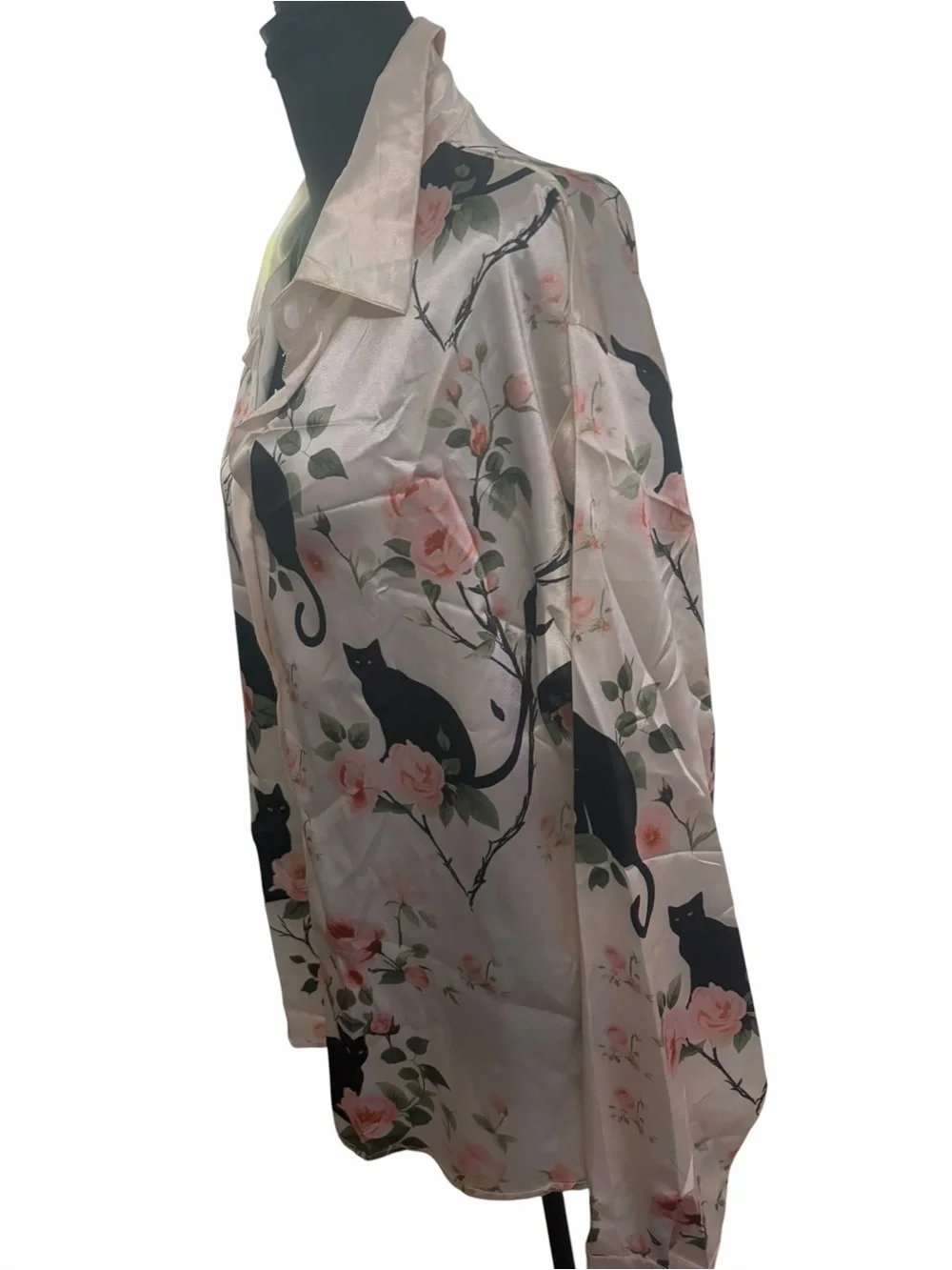 Black Cat & Floral Satin Button-Up Blouse Women's XL